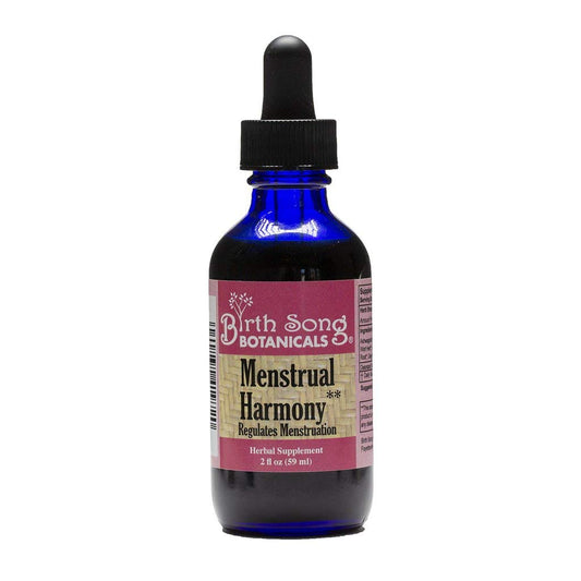 Birth Song Botanicals menstrual harmony tincture bottle supports balanced hormones during the cycle.