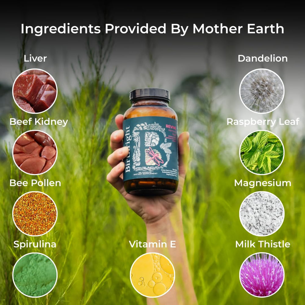 Birthright Revive bottle label highlights vitamin and mineral blend for vitality