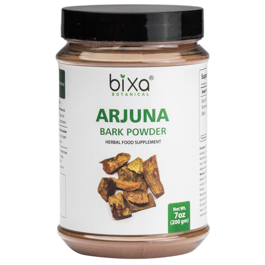Bixa Botanical Arjuna powder bottle showing premium heart health support.