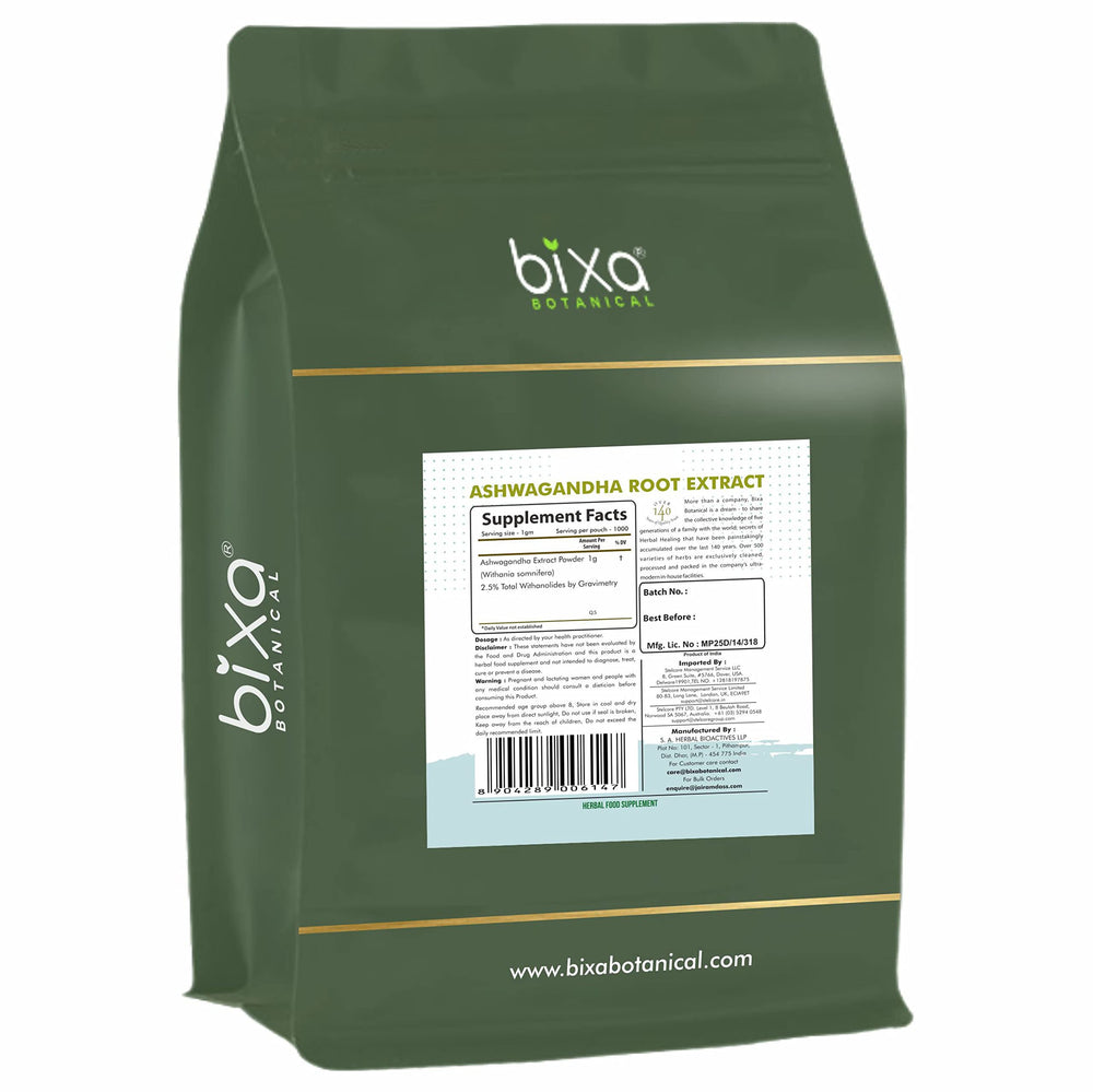 Bixa Botanical Ashwagandha powder jar displays earthy powder suitable for daily use