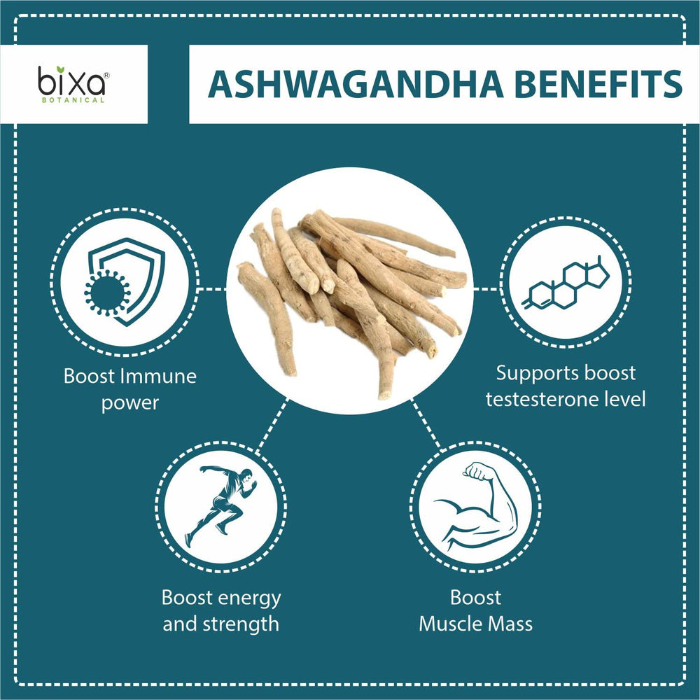 bixa botanical ashwaganda root powder jar label showing vegan and gluten-free formulation