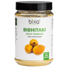 bixa BOTANICAL Bibhitaki powder bottle showing pure vegan supplement for daily use