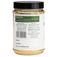 bixa BOTANICAL Bibhitaki powder jar label highlighting gluten-free and non-GMO features