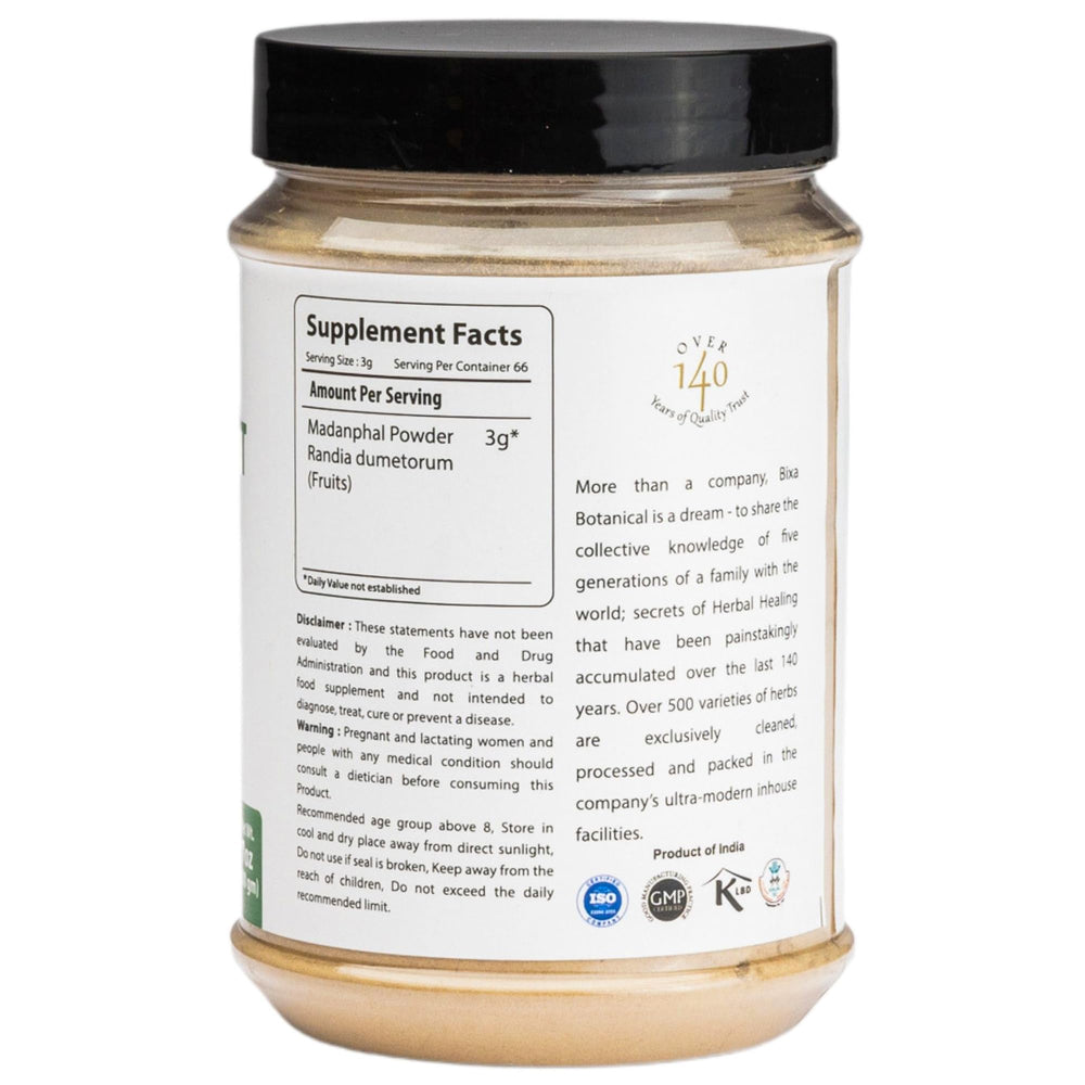 bixa BOTANICAL emetic nut powder bottle close-up emphasizes pure, lab-tested quality.