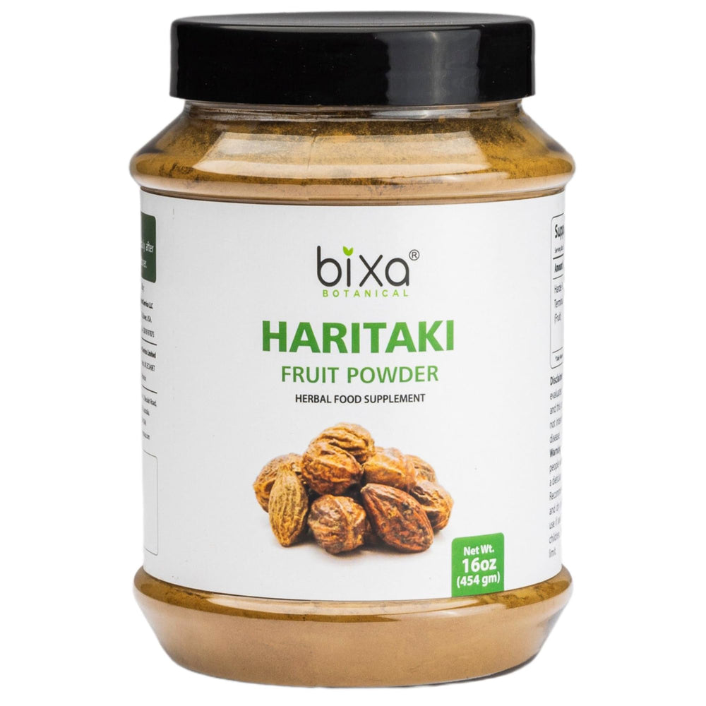 bixa BOTANICAL Haritaki powder jar shows pure, gluten-free supplement