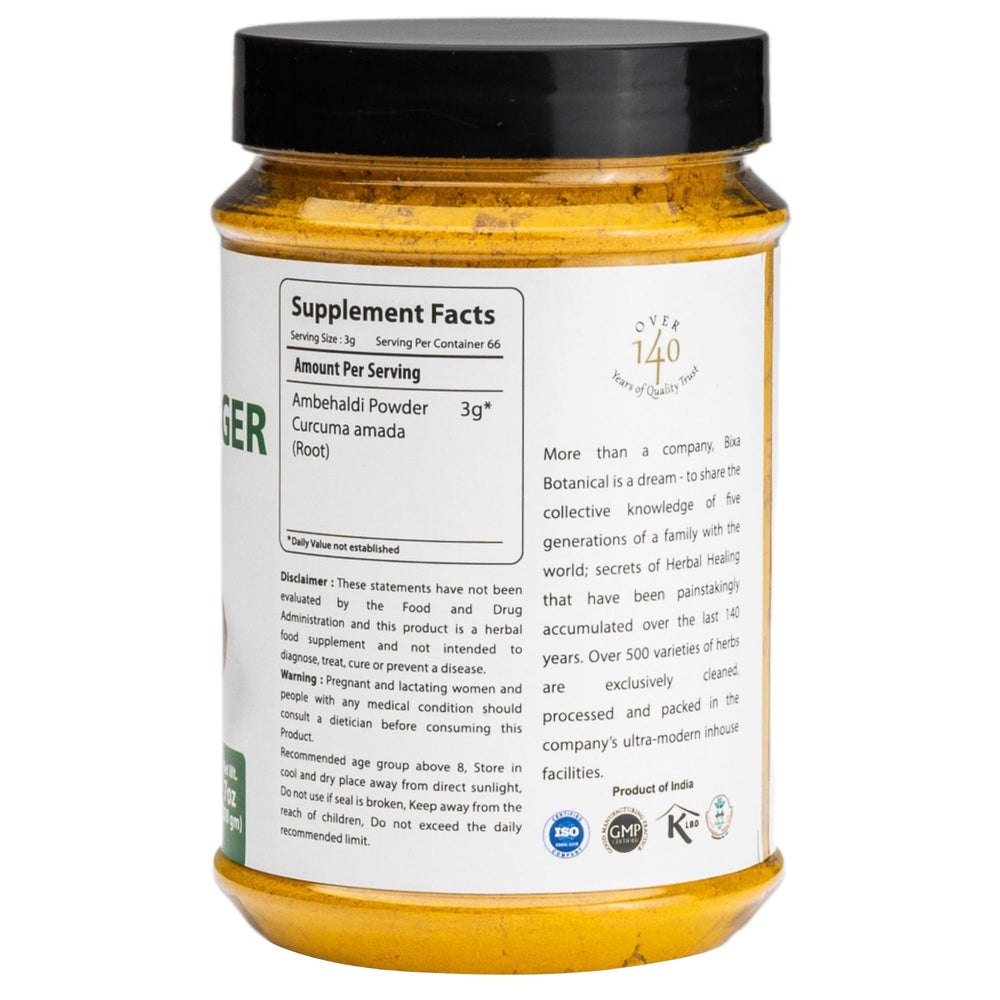 Close-up of the Bixa Botanical Mango Ginger Powder label highlighting gluten-free and vegan features.