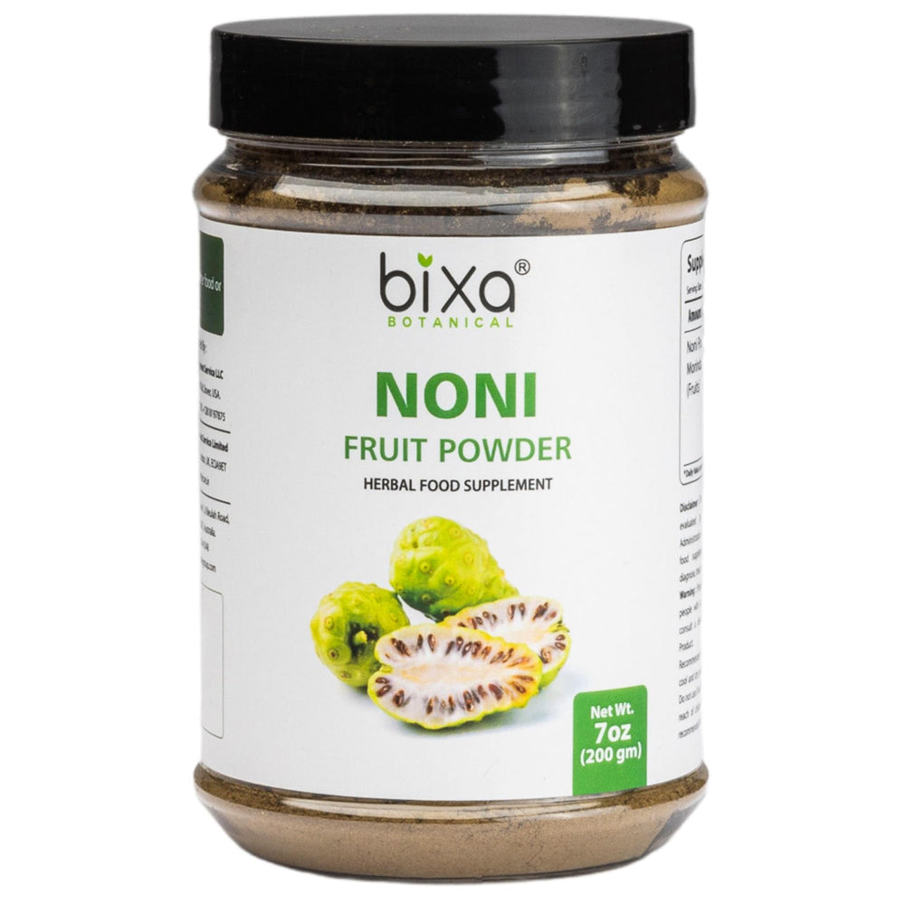 Bixa Botanical Noni Powder jar shows pure Morinda citrifolia for daily wellness