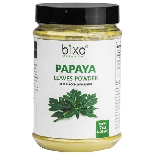 bixa BOTANICAL Papaya Leaf Powder jar packaging highlighting antioxidant-rich formula.