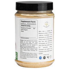 bixa BOTANICAL Pippali Mool Powder jar label highlights gluten-free, vegan formula