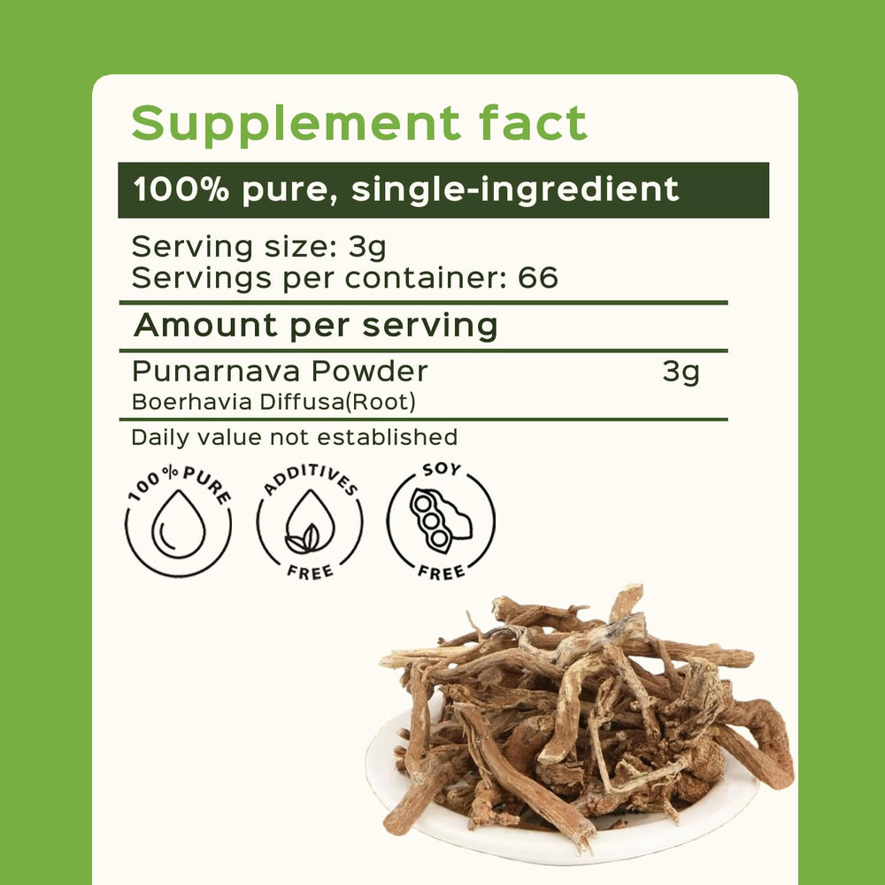 bixa botanical Punarnava powder jar on shelf emphasizes vegan, steam-treated purity.