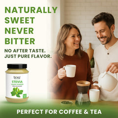 Bixa Botanical Stevia Powder scoop on a measuring spoon signals precise portions for baking.