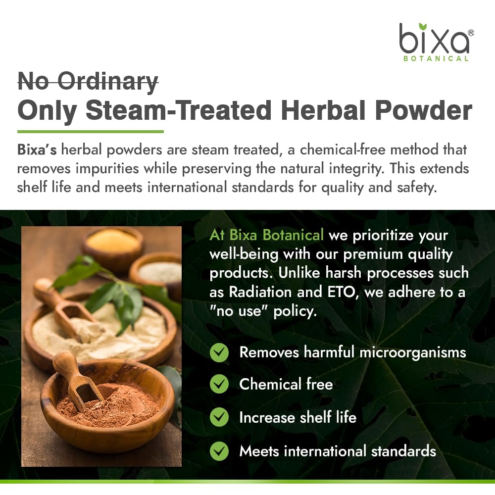 bixa botanical tulsi leaves powder measuring spoon beside powder