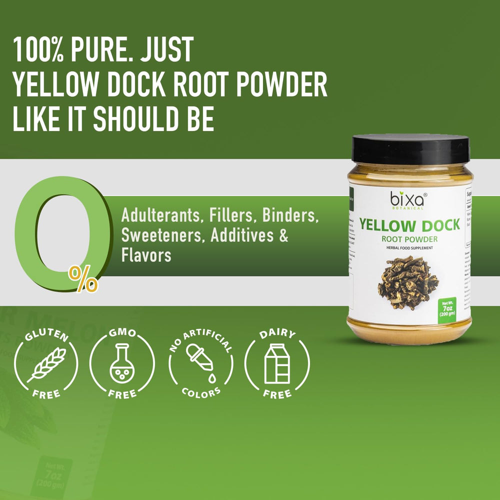 Bixa Botanical Yellow Dock Root Powder scoop beside jar for measuring.