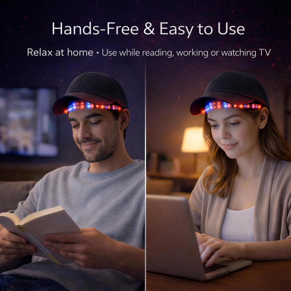 BJR red light cap worn during at-home use for comfort.