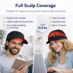 BJR red light therapy device in use with comfortable cap design for at home sessions