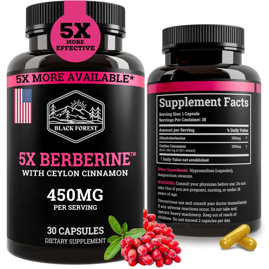 Black Forest 5X Berberine DHB bottle highlighting enhanced absorption for daily wellness.
