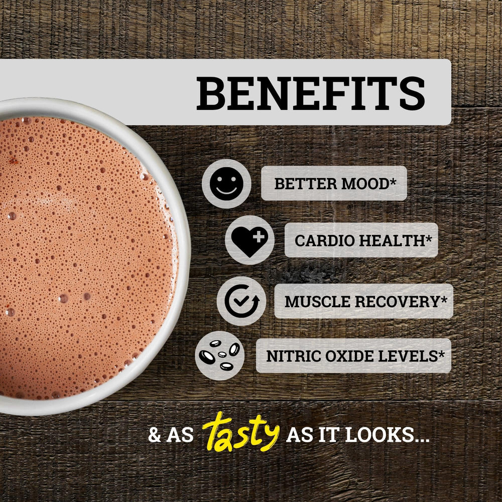 Black Forest Cocoa Powder jar nutrition facts showing flavonoids and flavanols.