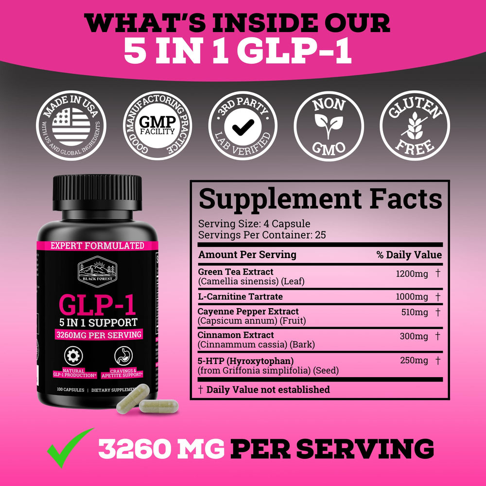 Black Forest GLP-1 Booster bottle back view with dosing notes