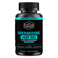Black Forest Spermidine bottle front highlights potent 99% pure spermidine for daily vitality.