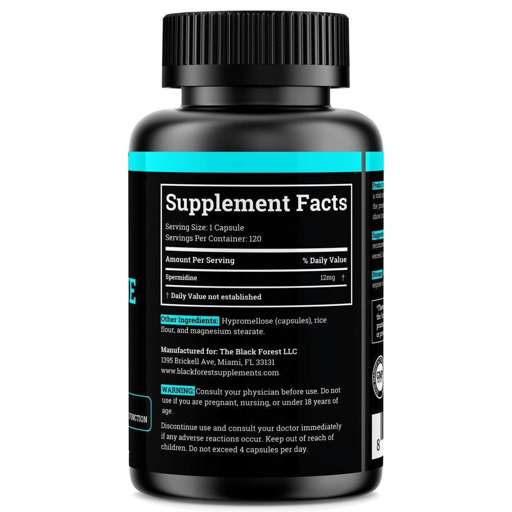 Black Forest Spermidine bottle side reveals GMP environment and vegan-friendly labeling for trusted quality.