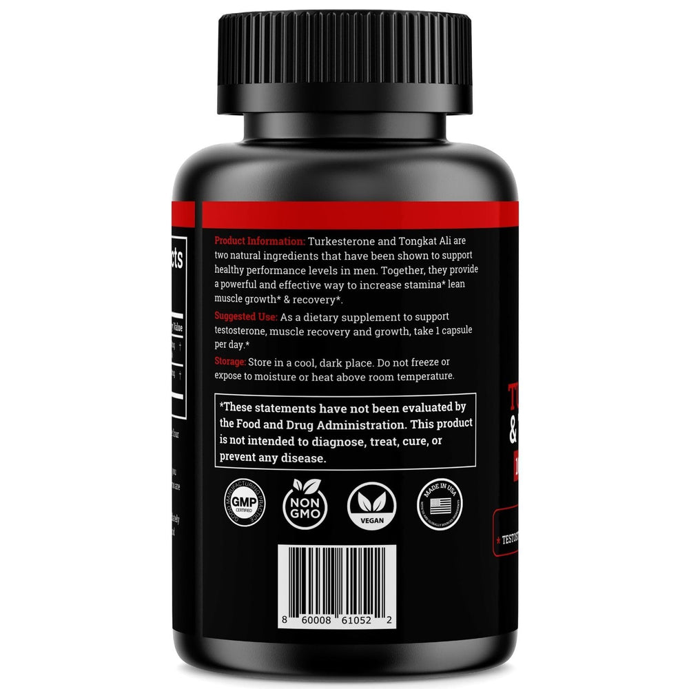 Front label of Black Forest Turkesterone Tongkat Ali showing USA-made quality