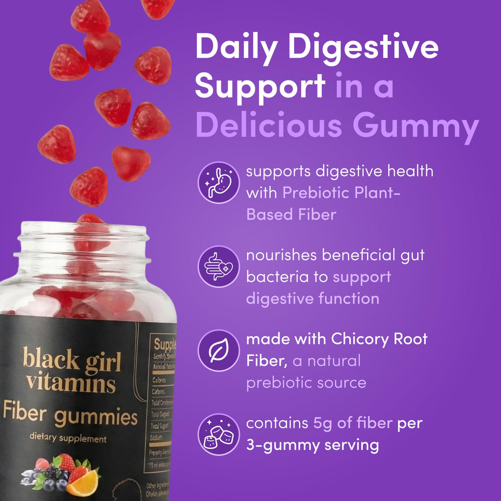 Black Girl Vitamins Fiber Gummies mixed-berry bottle offers tasty fiber for regularity.