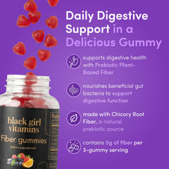 Black Girl Vitamins Fiber Gummies mixed-berry bottle offers tasty fiber for regularity.