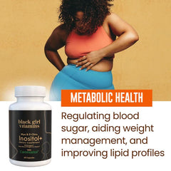 Open bottle of Black Girl Vitamins Inositol showing easy-to-swallow capsules