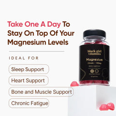 Black Girl Vitamins magnesium gummies pouring from bottle into a dish.