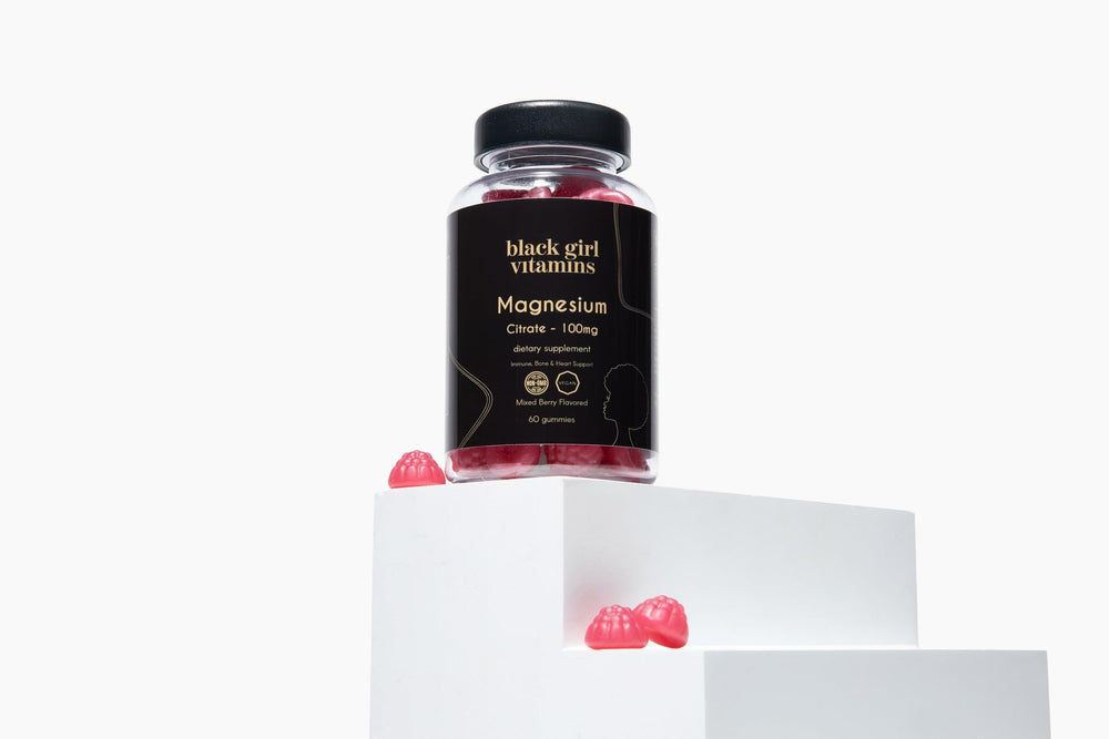 Black Girl Vitamins serving-size gummy shows 100 mg magnesium citrate.