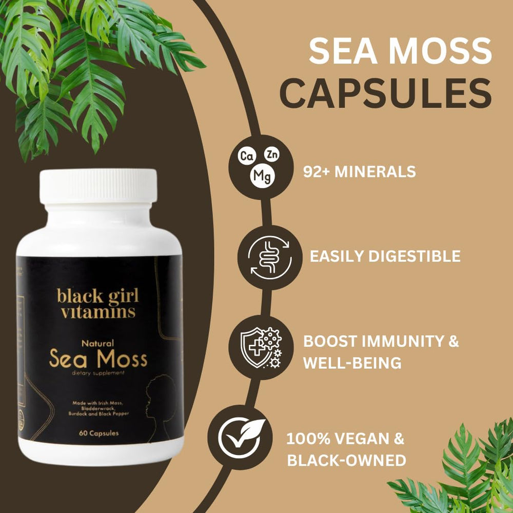 Black Girl Vitamins sea moss capsules plant-based formula supports skin and hair vitality.