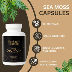 Black Girl Vitamins sea moss capsules plant-based formula supports skin and hair vitality.