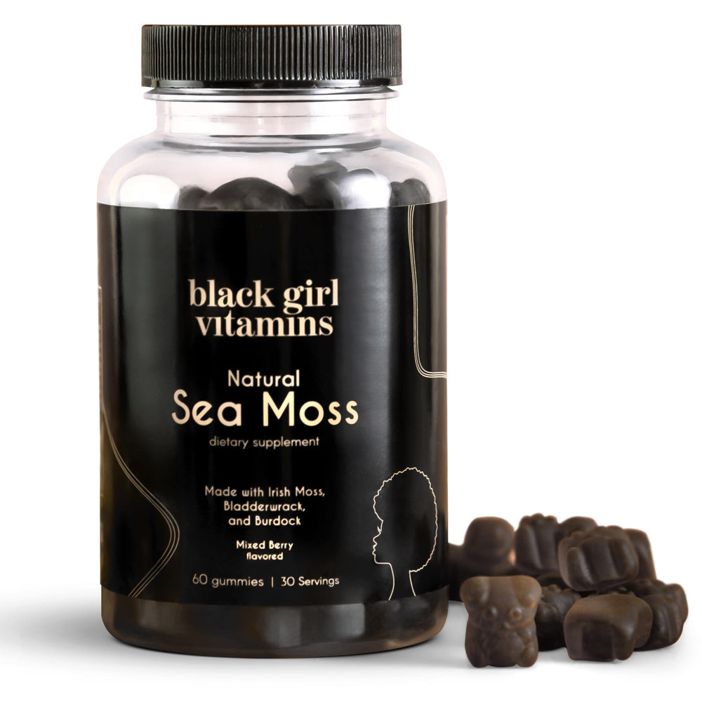 Black Girl Vitamins Sea Moss Gummies bottle with mixed berry flavor for daily immune support