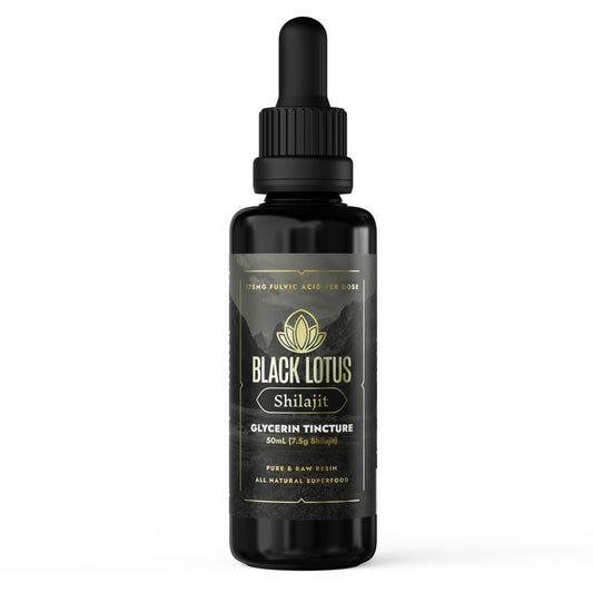Black Lotus Shilajit resin bottle close-up showing pure concentrate for daily vitality.
