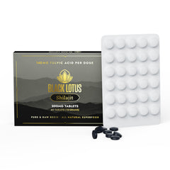 Black Lotus Shilajit tablets bottle shows convenient daily support for energy and focus