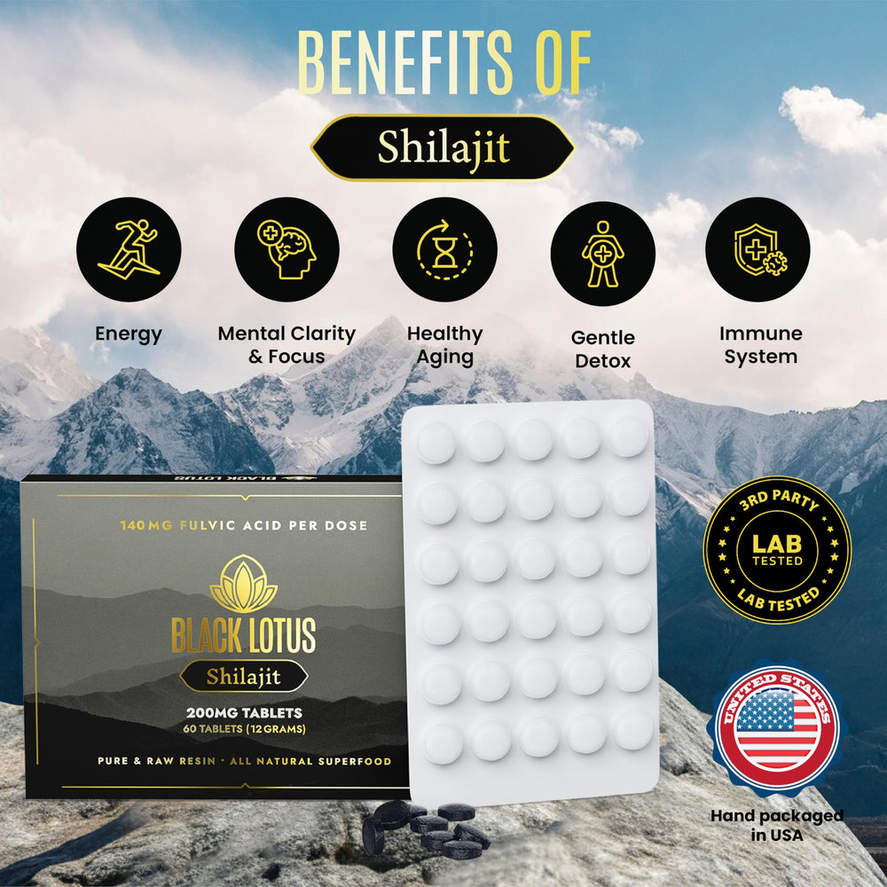 Black Lotus Shilajit tablets closeup highlights compact easy to swallow supplement for on-the-go routines