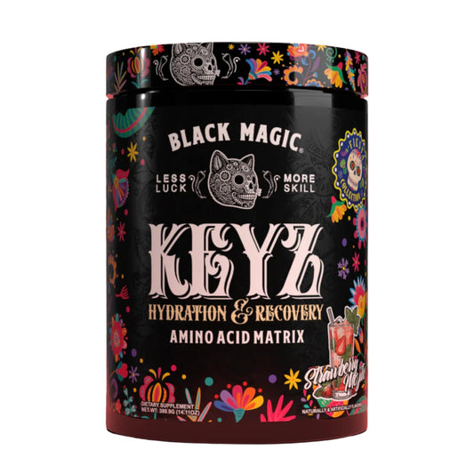 Black Magic Keyz bottle front shows sleek design for post-workout recovery
