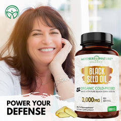 Black seed oil ingredients panel notes 2% thymoquinone and omega fatty acids.