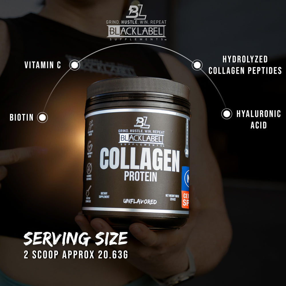 BLACKLABEL Collagen powder dispersing in water with no clumps.