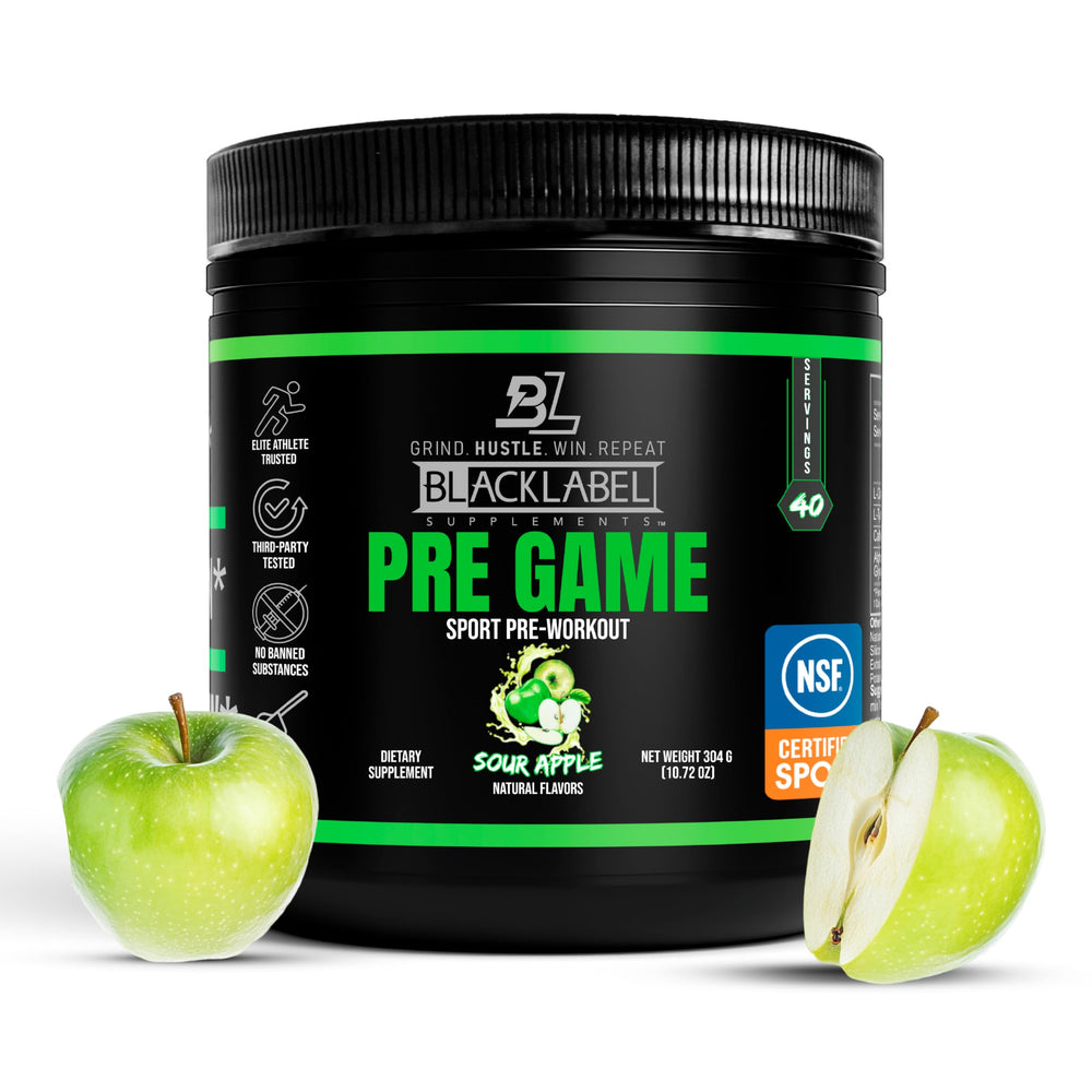 Blacklabel PRE-Game Sour Apple tub front highlights flavor and energy potential
