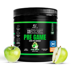 Blacklabel PRE-Game Sour Apple tub front highlights flavor and energy potential