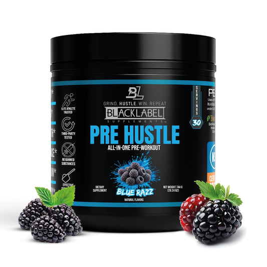 BLACKLABEL PRE Hustle V3 blue razz tub boosts energy for workouts.