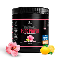 BlackLabel Pure Power bottle Hibiscus Lemonade offers caffeine-free focus for evening workouts.