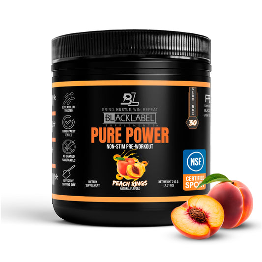 Blacklabel Pure Power Peach Rings bottle shows caffeine-free pre-workout for steady energy.