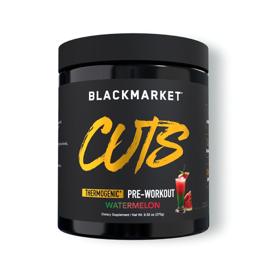 BLACKMARKET CUTS watermelon tub label with refreshing pre-workout energy cue.