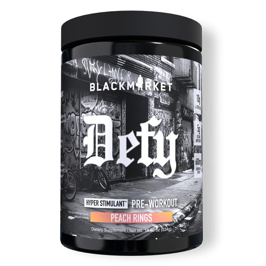 BLACKMARKET DEFY bottle with Peach Rings flavor for sustained energy during workouts
