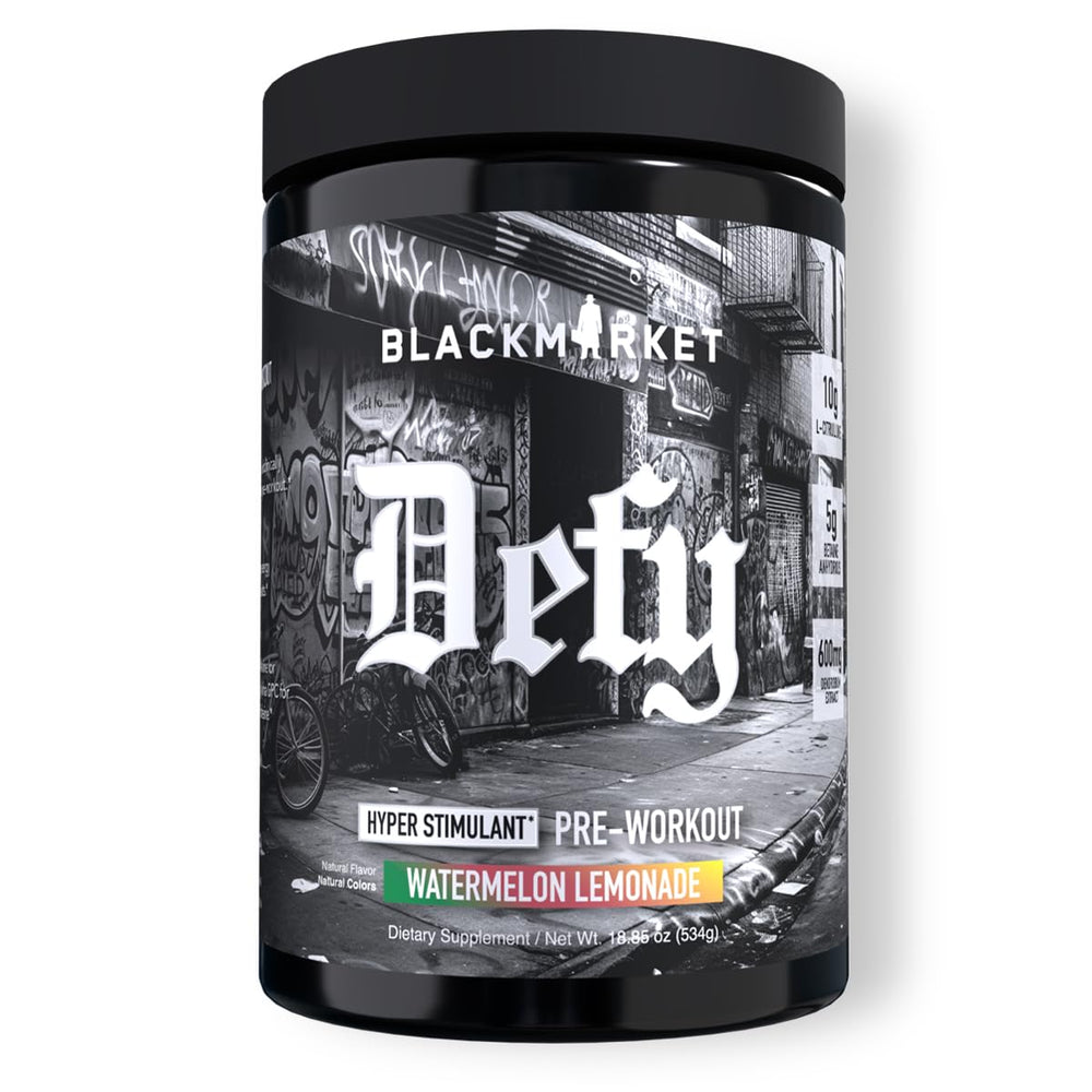 BLACKMARKET DEFY bottle Watermelon Lemonade for intense training energy.