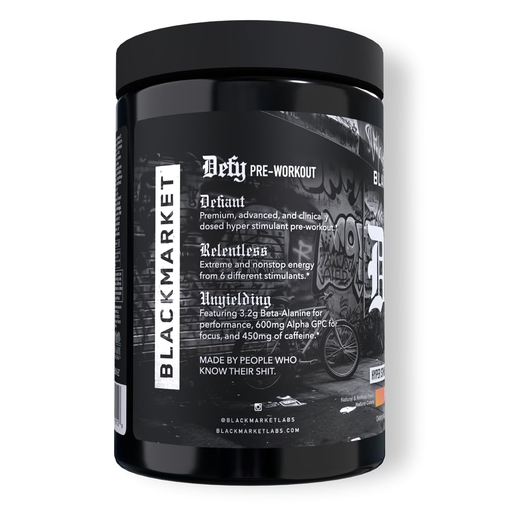 BLACKMARKET DEFY tub front label highlighting caffeine and actives