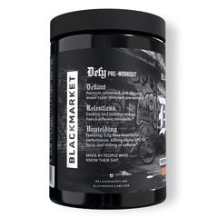 BLACKMARKET DEFY tub front label highlighting caffeine and actives
