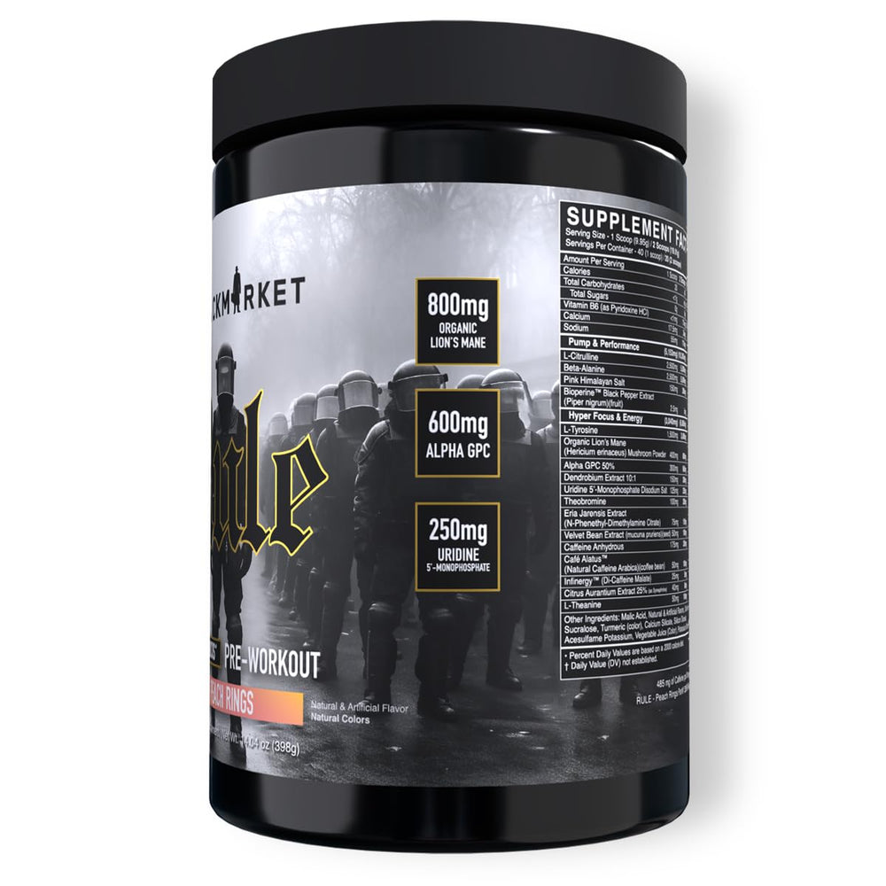 BLACKMARKET Rule label reveals full ingredients and transparent dosing for high-stim pre-workouts